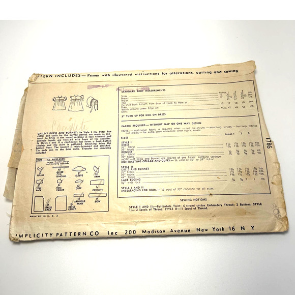 Simplicity Vintage 1946 Pattern #1786 Girls Smocked Dress and Bonnet Size 2 HTF - Picture 9 of 9